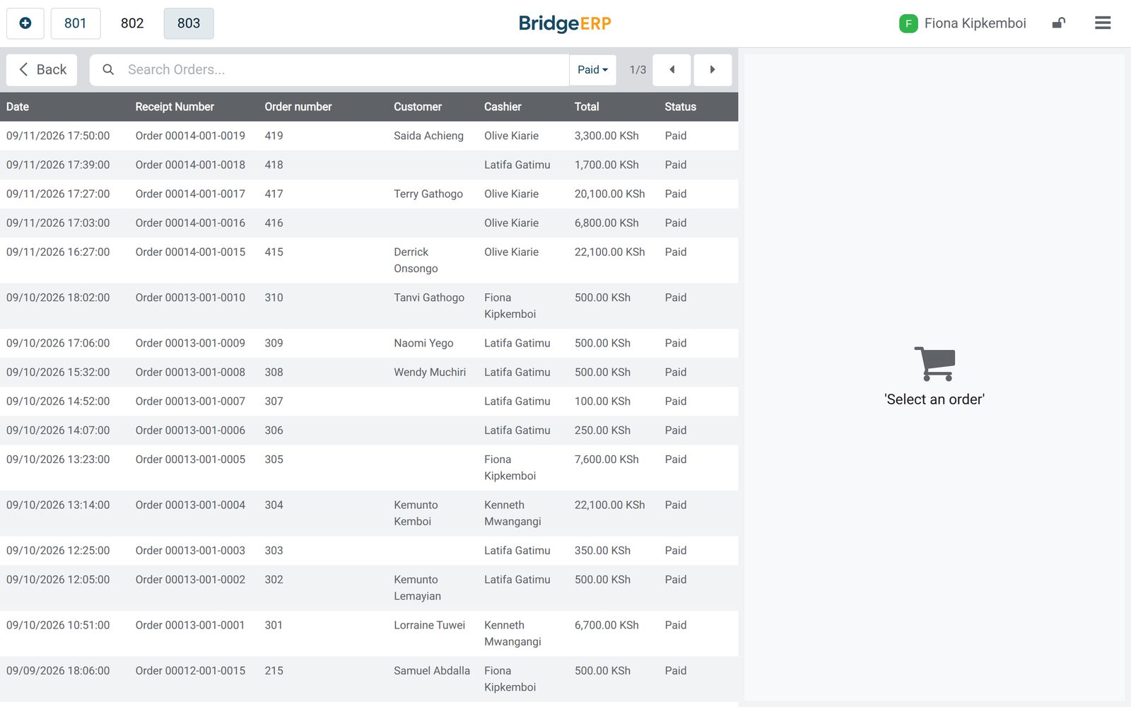 BridgeERP point of sale orders screen at an optical counter: the day's paid orders with customer and cashier