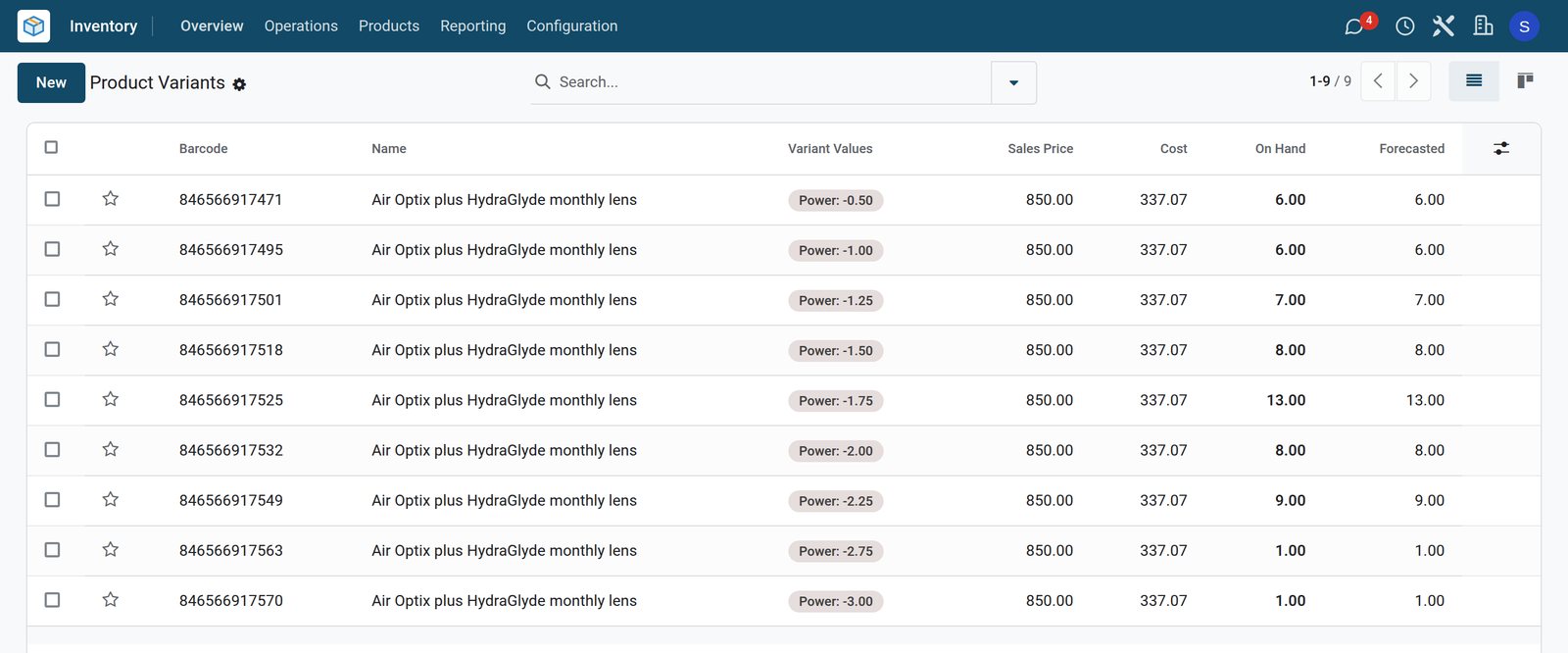 BridgeERP optical store contact lens stock by power