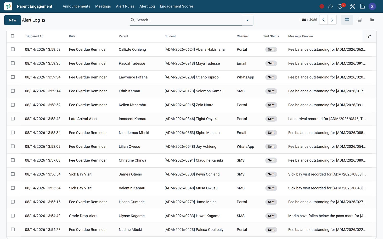 Parent Engagement alert log listing automatic messages sent to parents