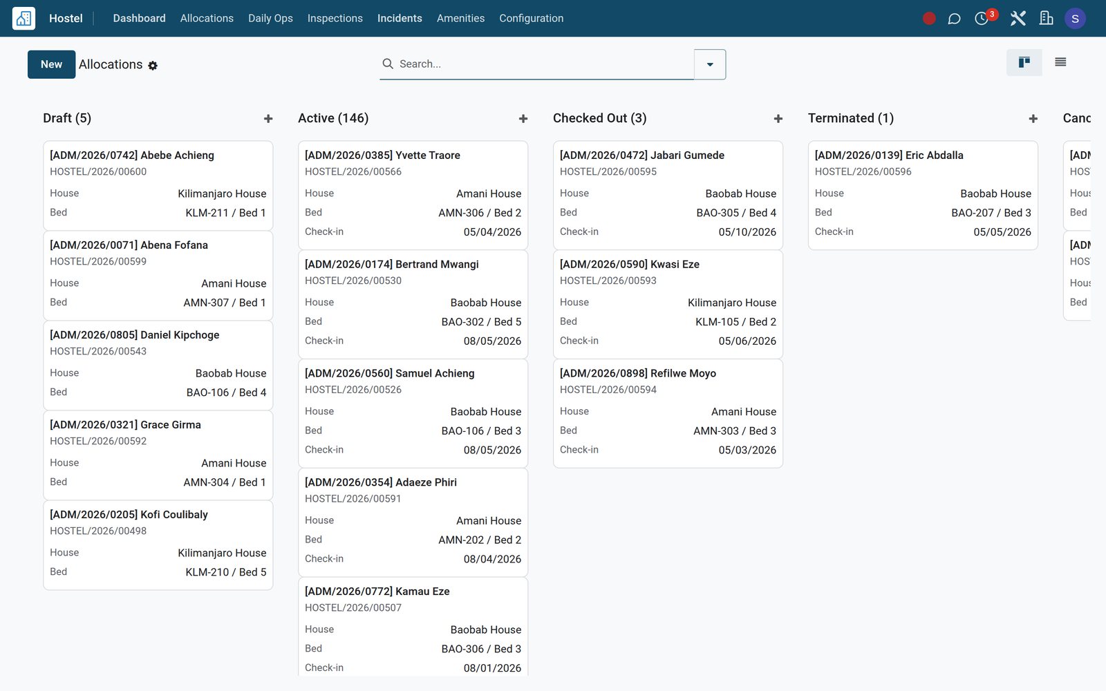 Hostel allocations kanban showing boarders by building, room and bed