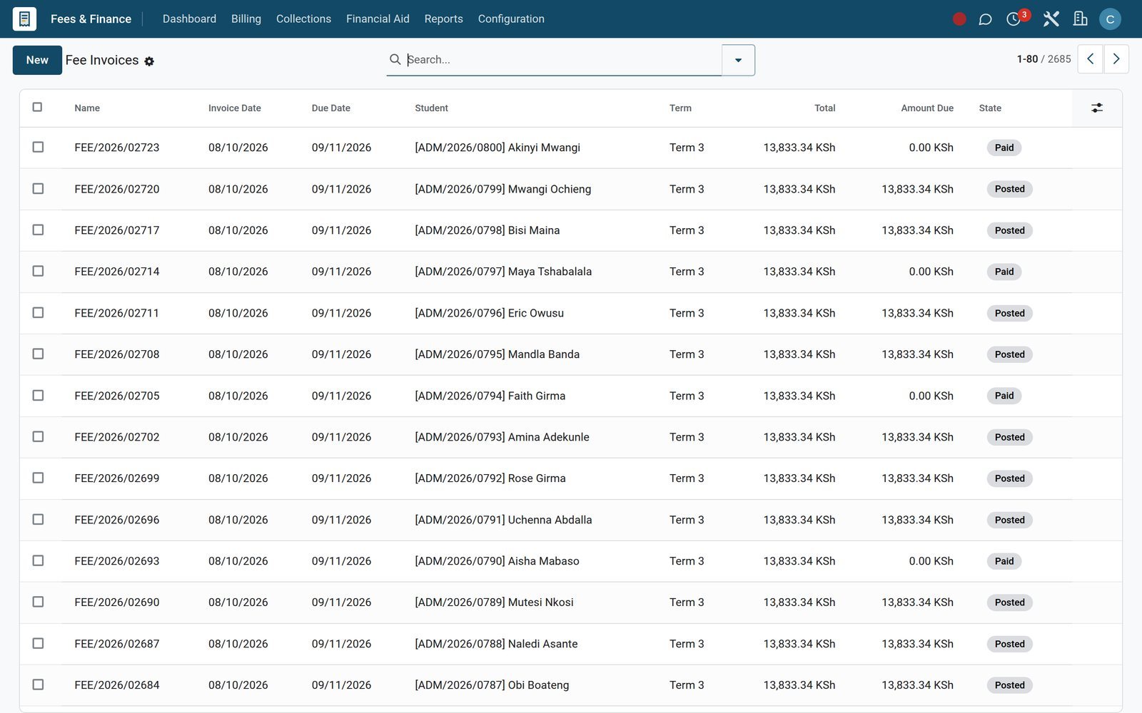 Fees and Finance Invoices list of term fee bills with totals and amounts due