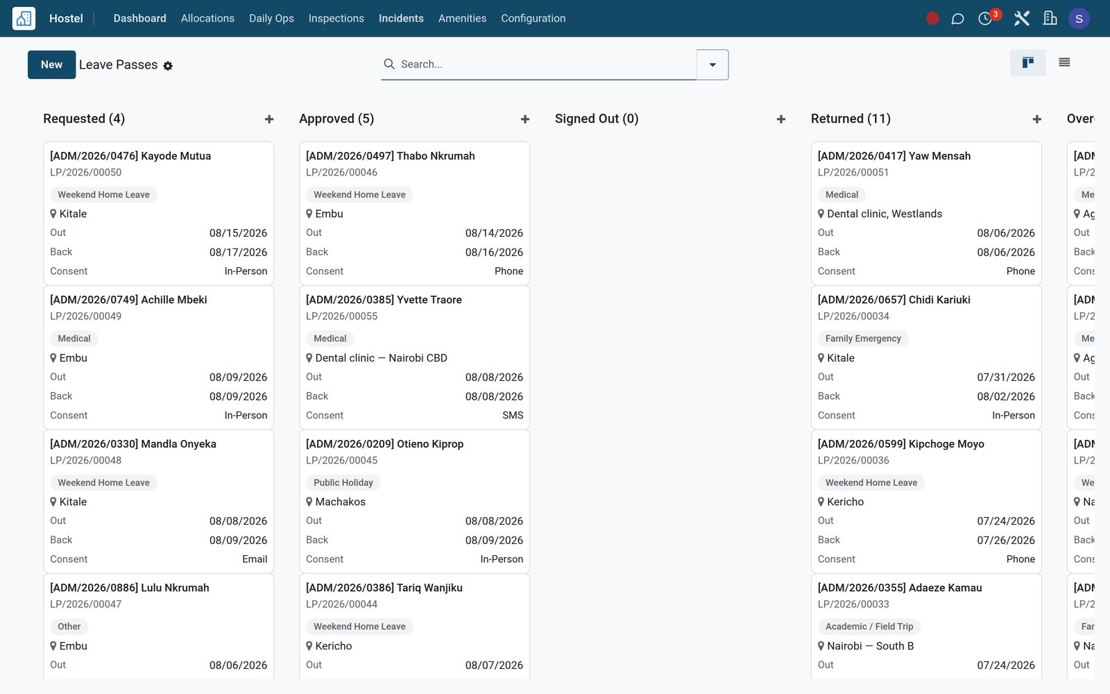 Hostel leave passes kanban with destinations, dates and approval states
