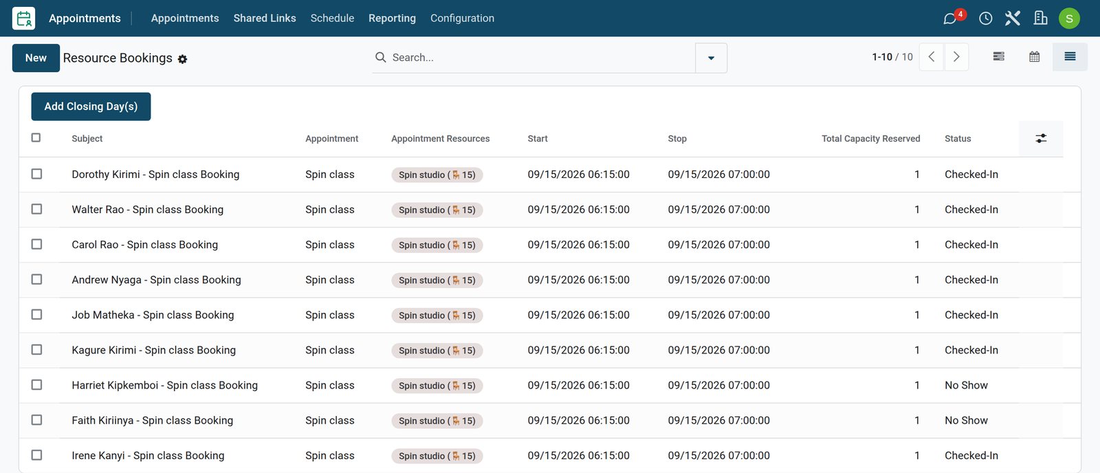 BridgeERP gym class bookings with check-ins and no-shows