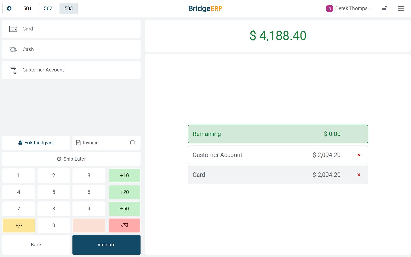 BridgeERP point of sale payment screen at a furniture store: half by card, half on the customer account