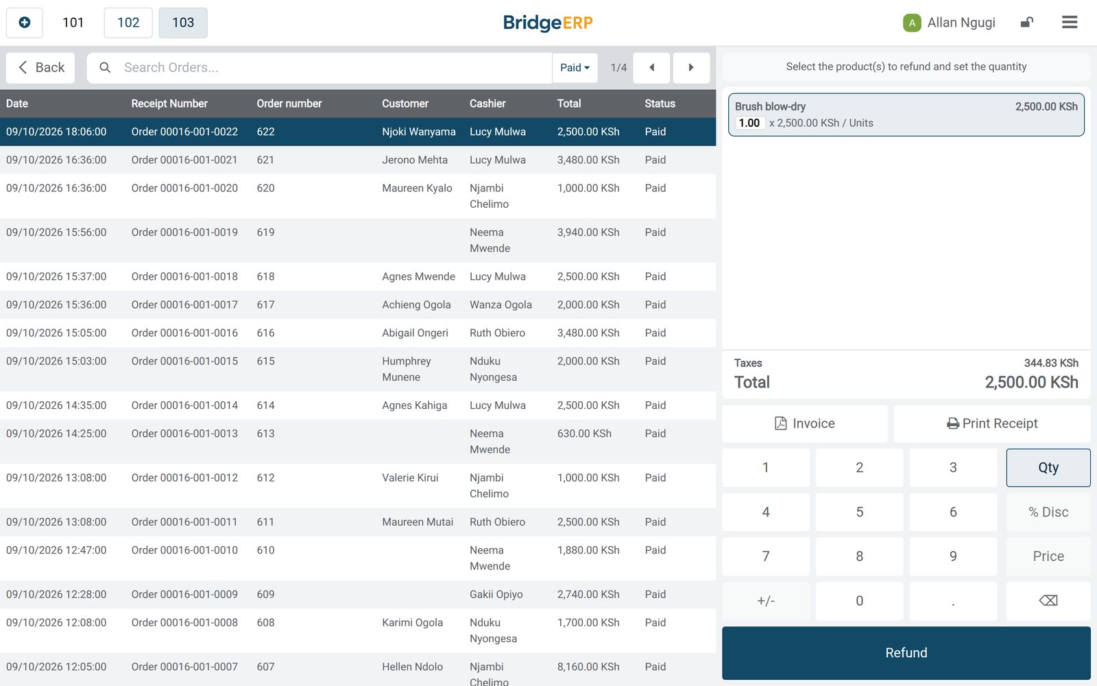 BridgeERP point of sale orders screen at a hair salon: the day's visits with the stylist who did each