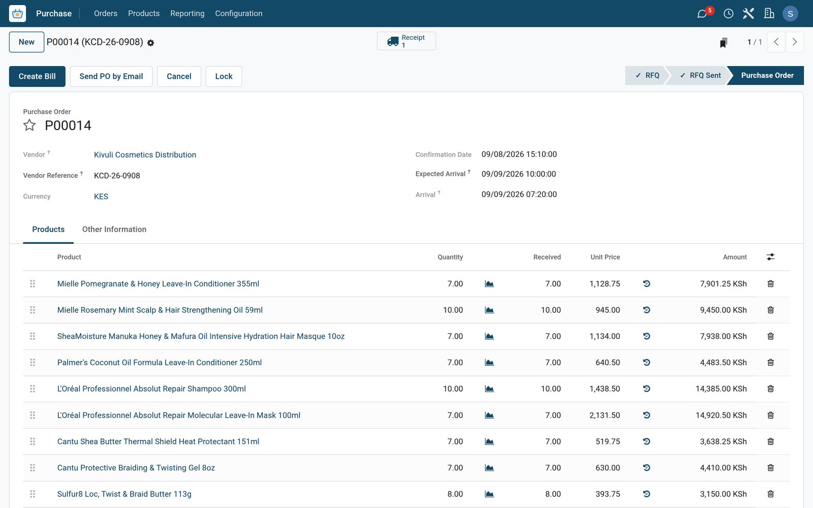 BridgeERP hair salon purchase order from a cosmetics distributor