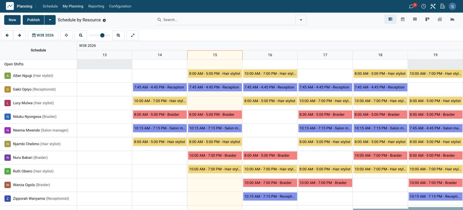 BridgeERP hair salon staff rota for the week
