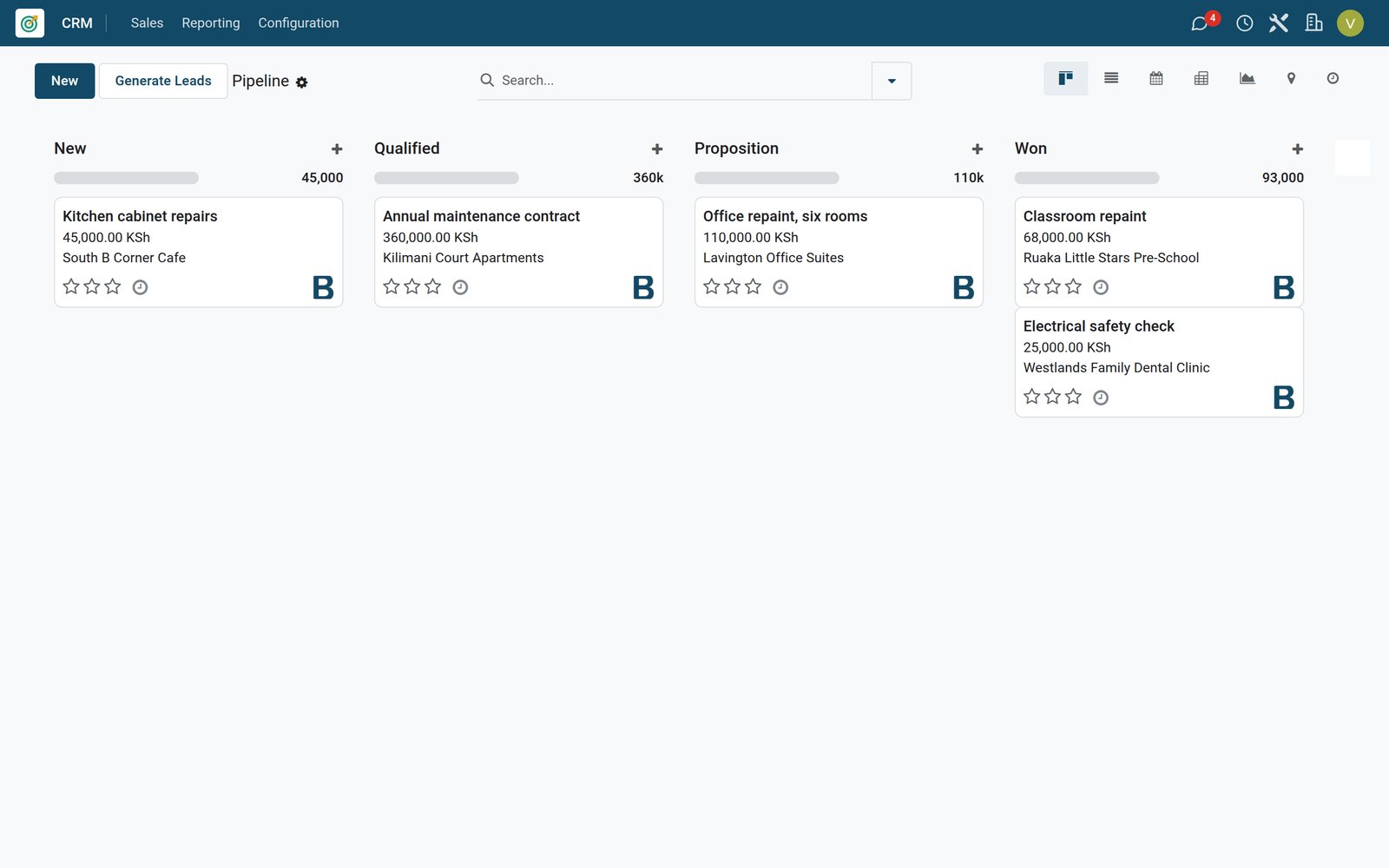 Sales pipeline of a handyman business in BridgeERP CRM