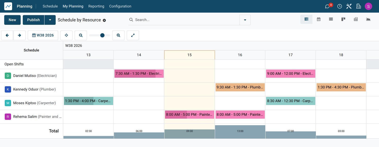 BridgeERP planning schedule of a handyman crew