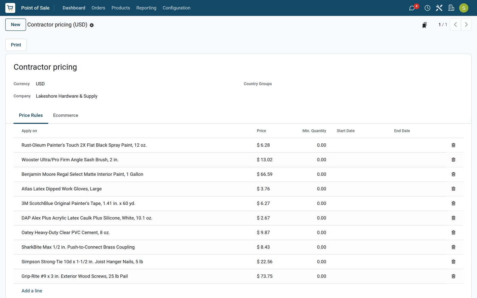 BridgeERP contractor price list for a hardware store