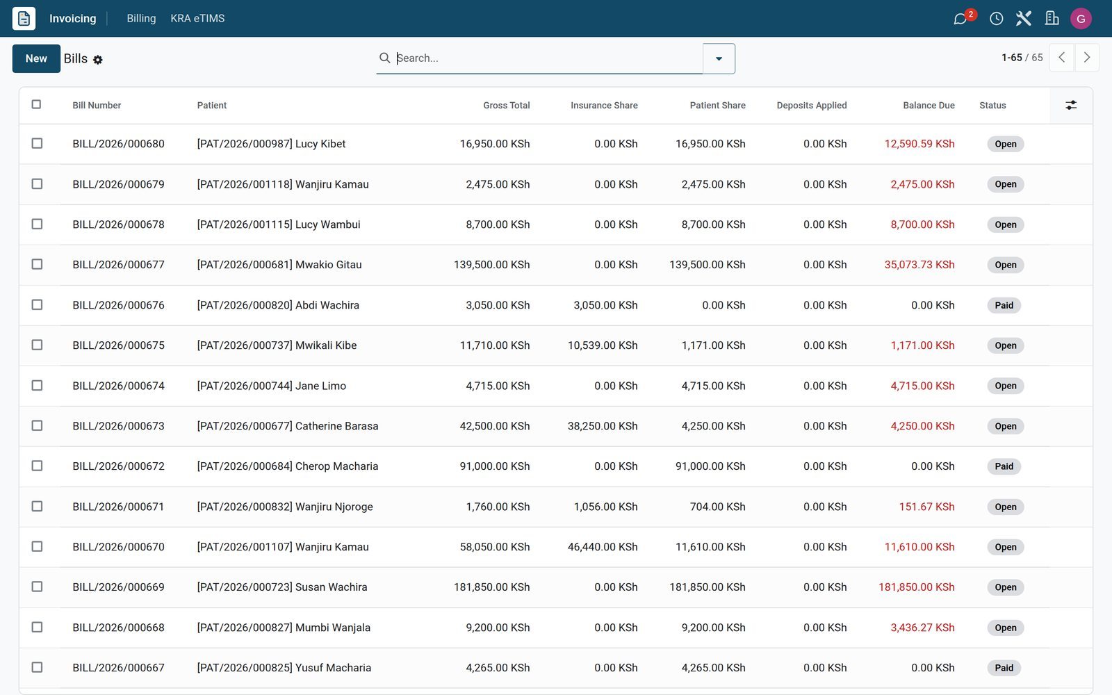 Billing All Bills list with patient bills, totals, balance due and status