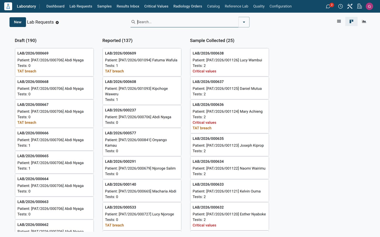 Laboratory Lab Requests kanban board with patient test requests across workflow stages