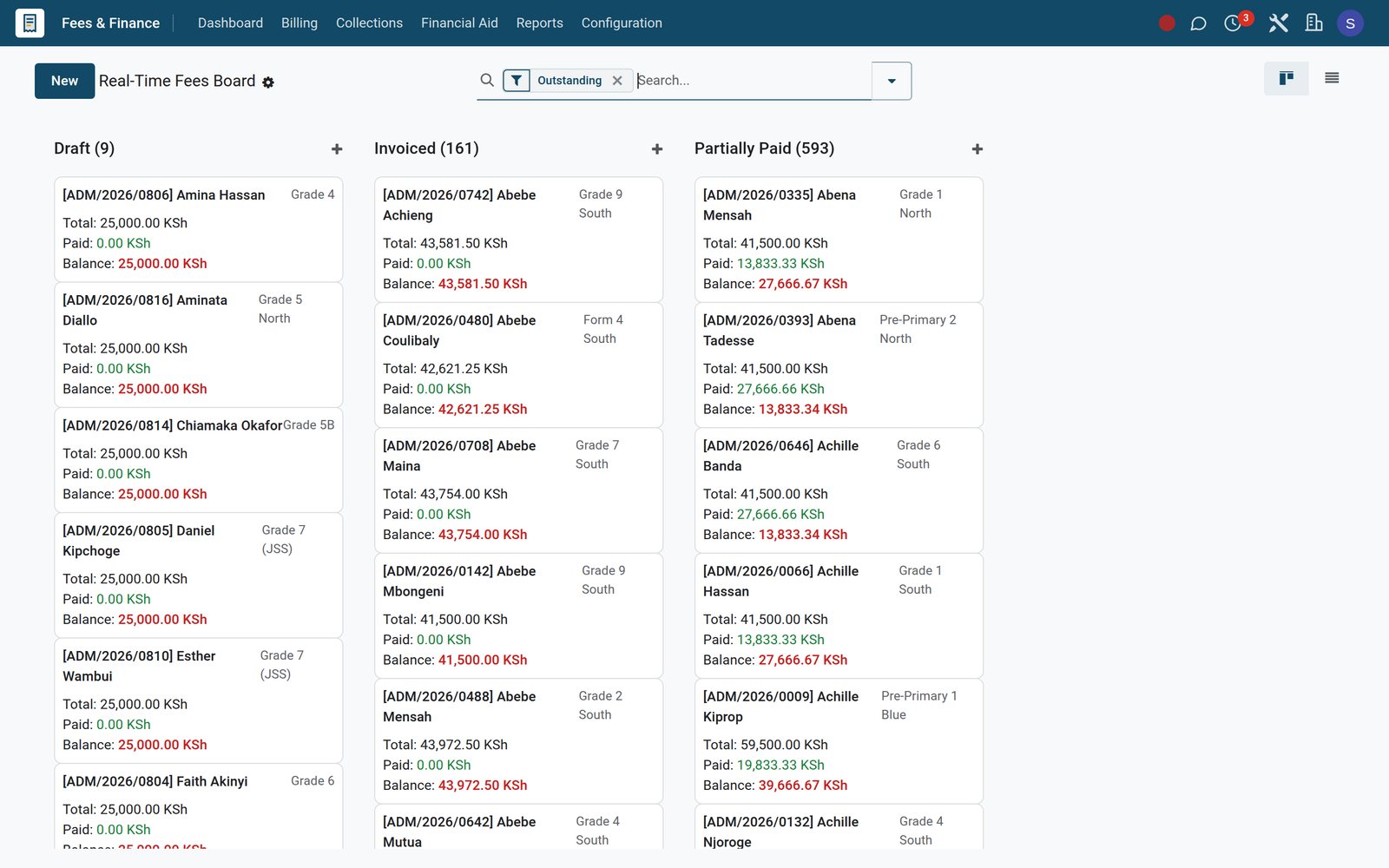 Fees Revenue Board with student fee assignments, totals, amounts paid and balances