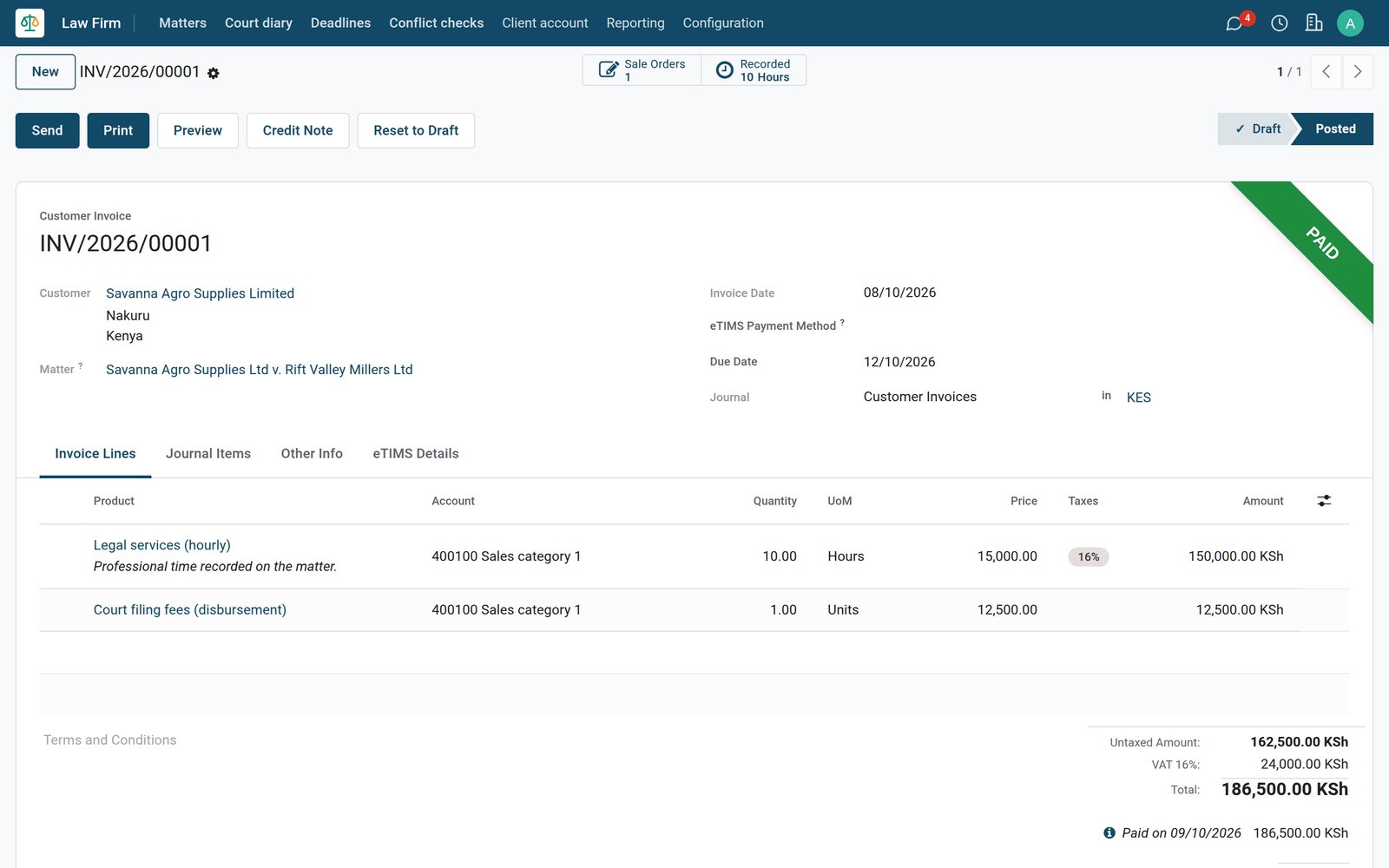 BridgeERP invoice on a matter with professional fees, a court filing fee and VAT