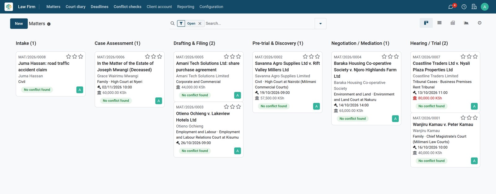 BridgeERP Law Firm matters board with matter cards grouped by stage