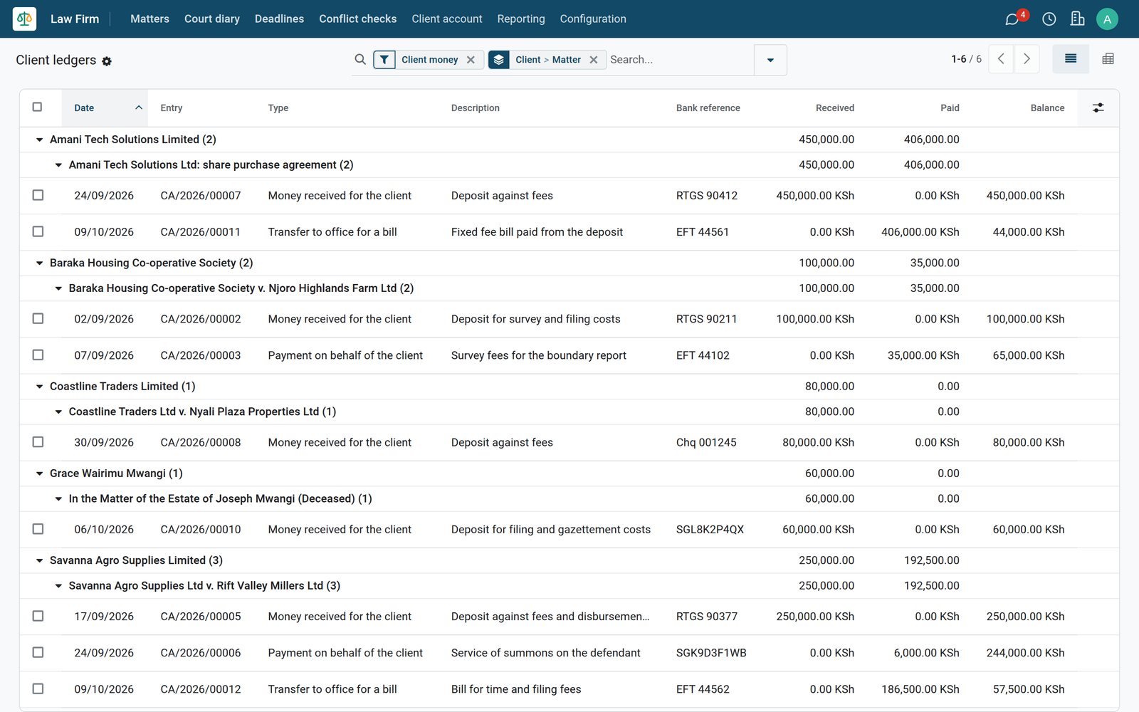BridgeERP Law Firm client ledgers grouped by client and matter