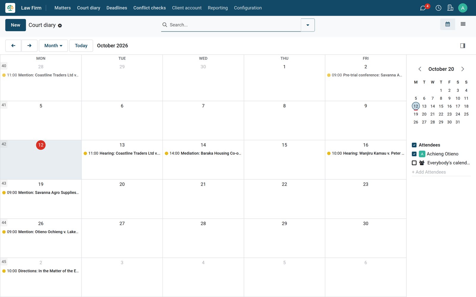 BridgeERP Law Firm court diary calendar with hearings for the month