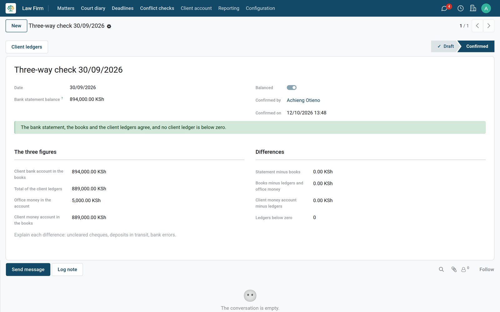 BridgeERP Law Firm three-way check of the client account confirmed as balanced