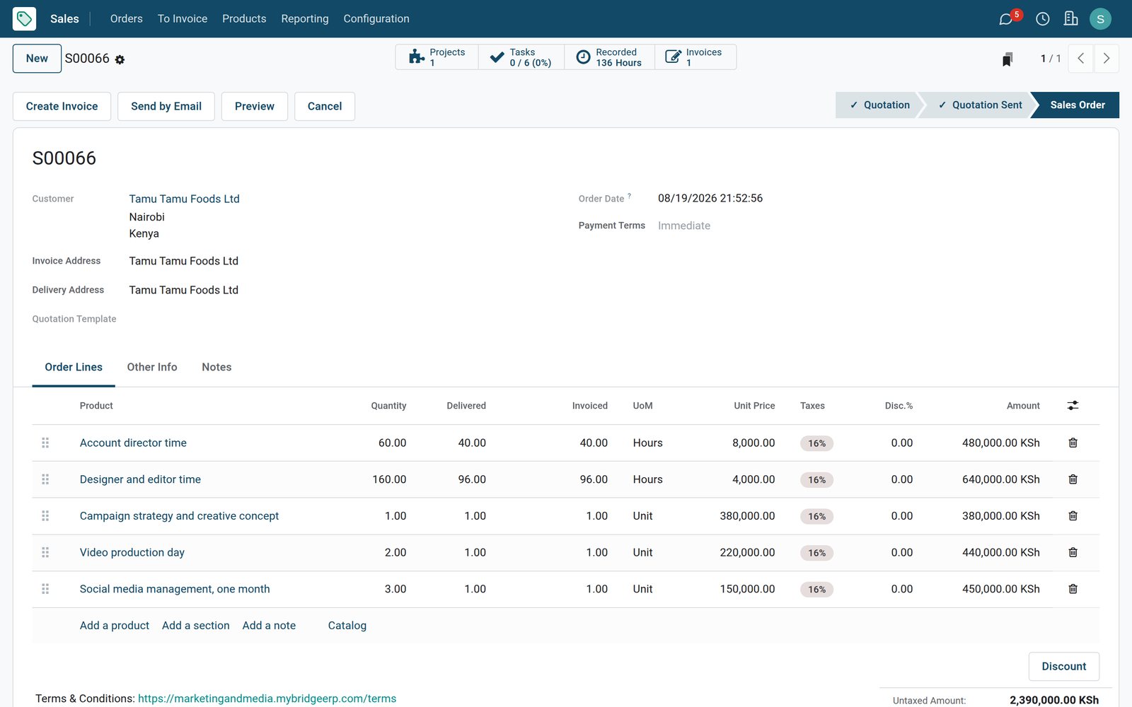 BridgeERP sales order with delivered and invoiced campaign work