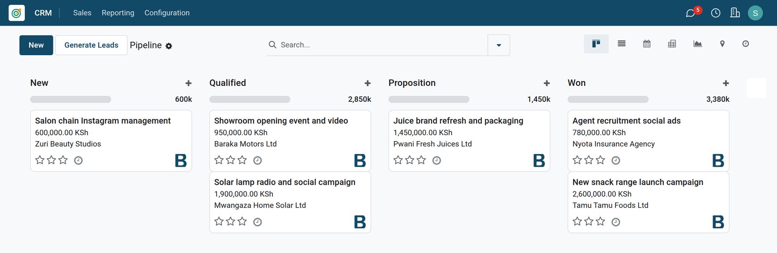BridgeERP CRM pipeline of a marketing agency