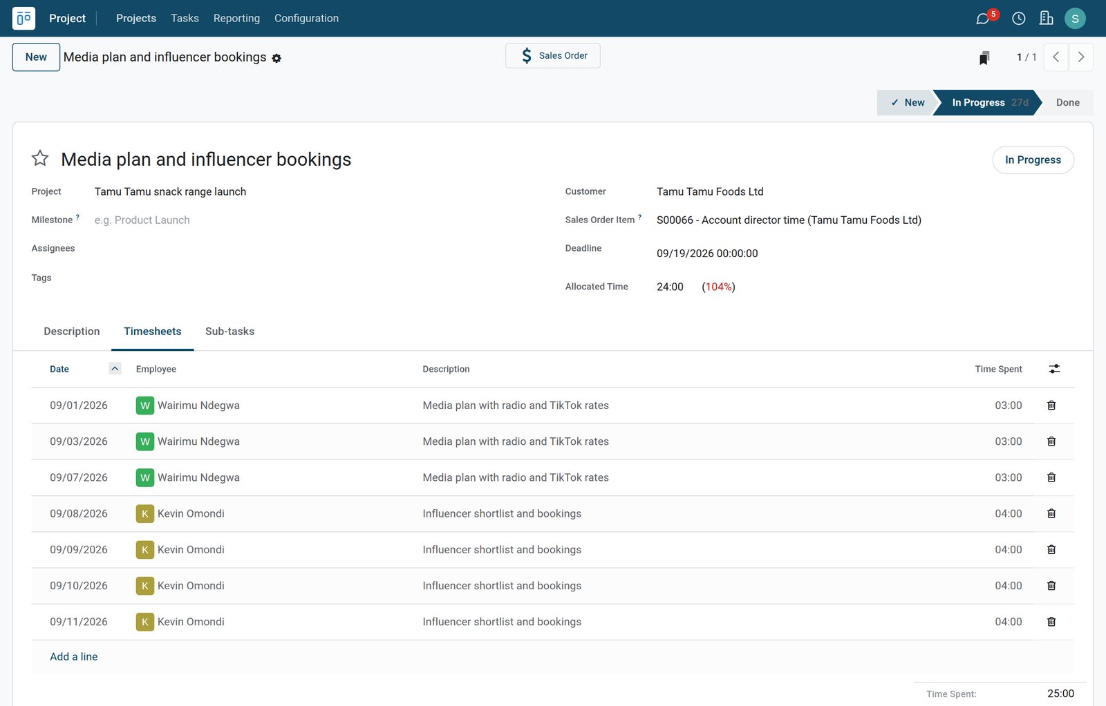BridgeERP campaign task with timesheets