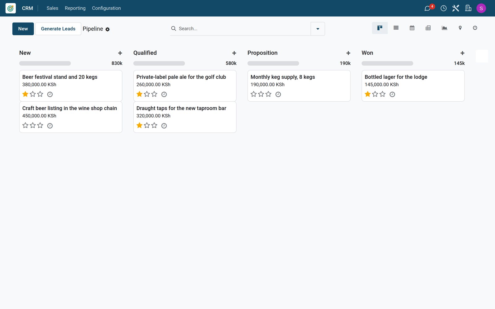 Sales pipeline of a micro-brewery in BridgeERP CRM