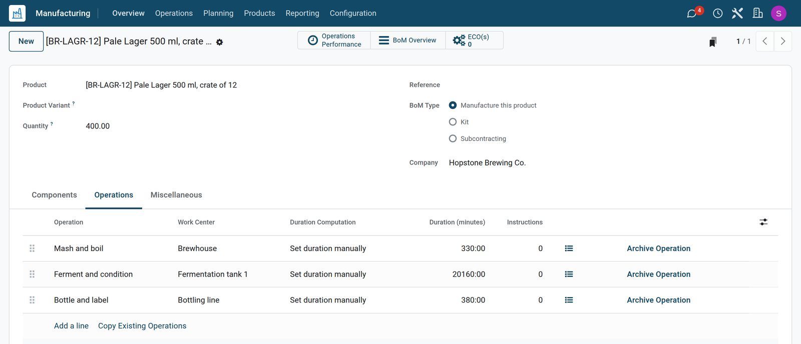 BridgeERP brewery recipe operations with work centres and durations