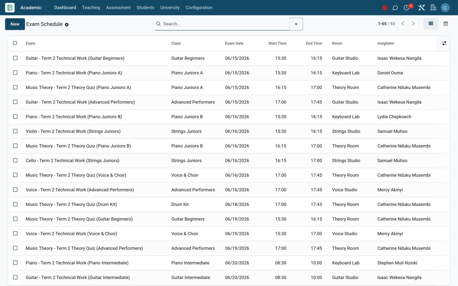 Exam Schedule list in BridgeERP with dates, rooms and invigilators