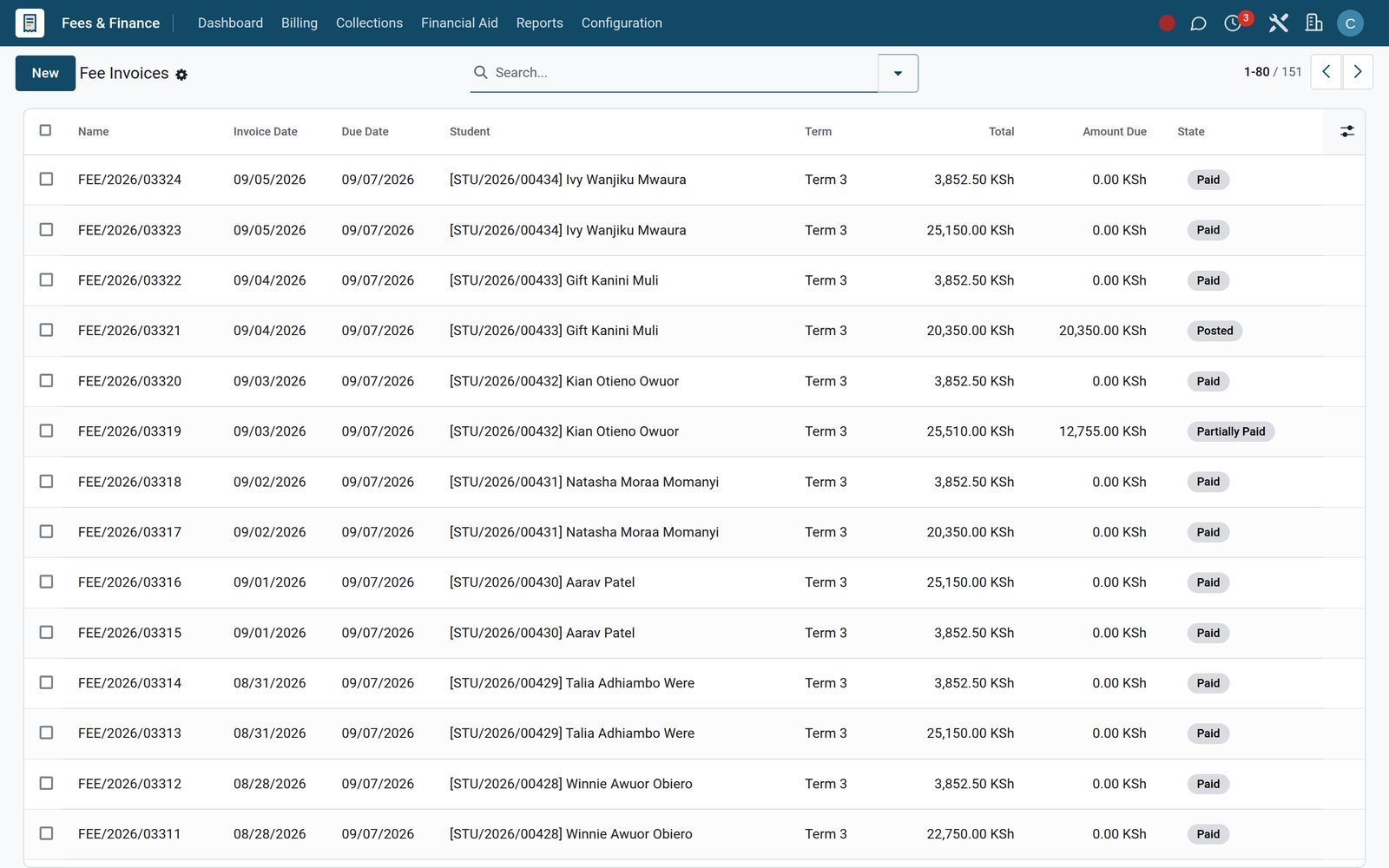 Fee Invoices list in BridgeERP with due dates and outstanding amounts in KES