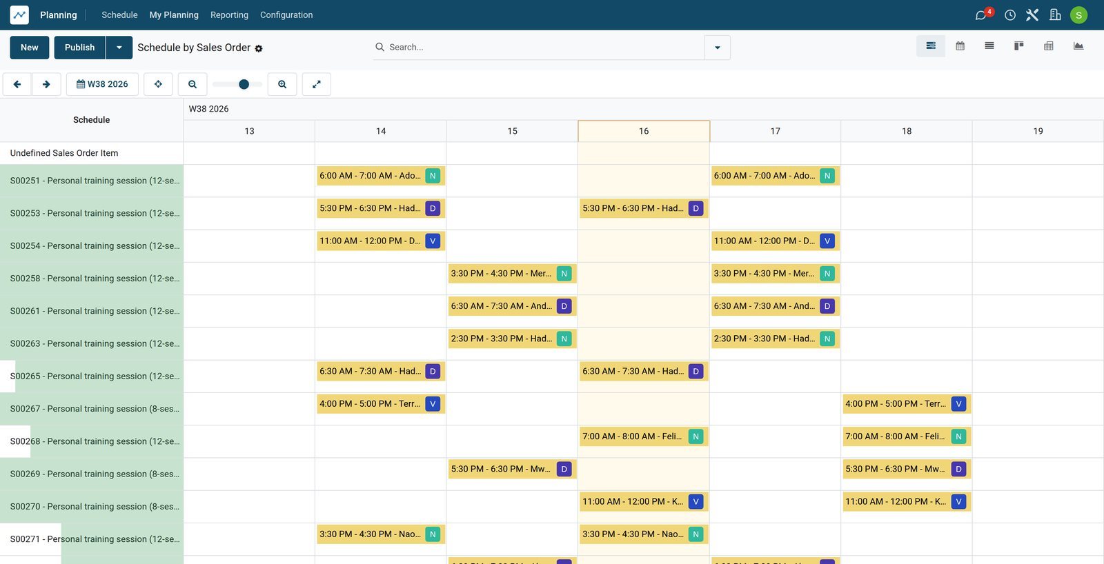 BridgeERP personal training sessions grouped by pack