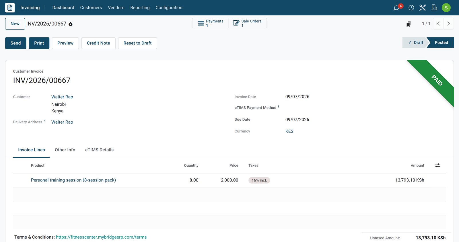 BridgeERP personal training pack invoice paid