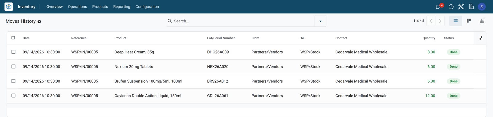 BridgeERP pharmacy delivery received with batch numbers