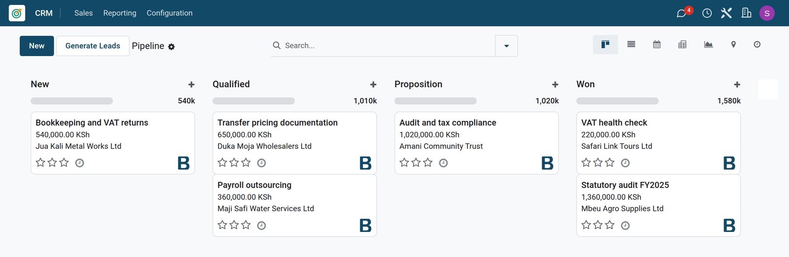 BridgeERP CRM pipeline of an accounting practice
