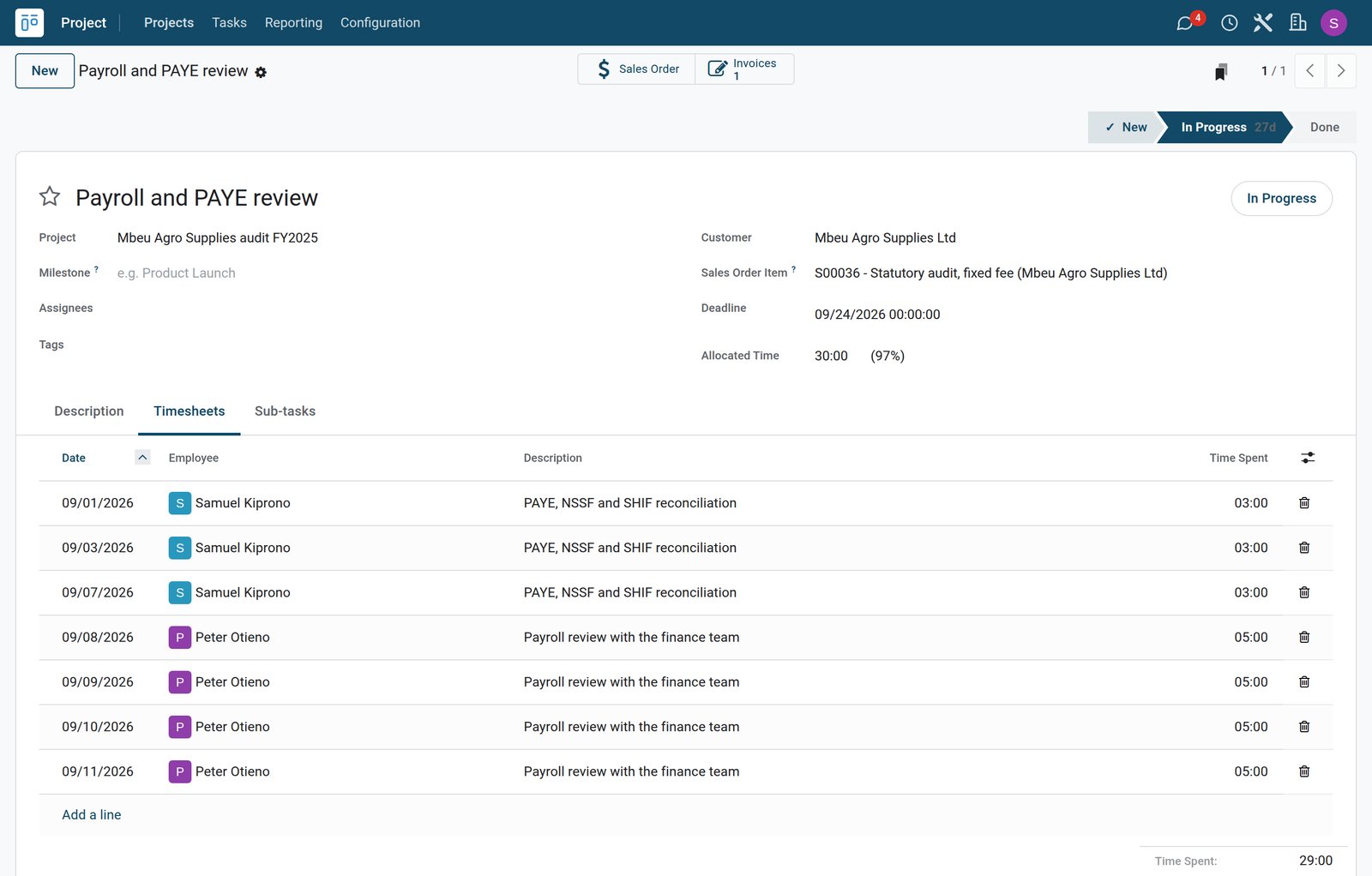 BridgeERP engagement task with timesheets
