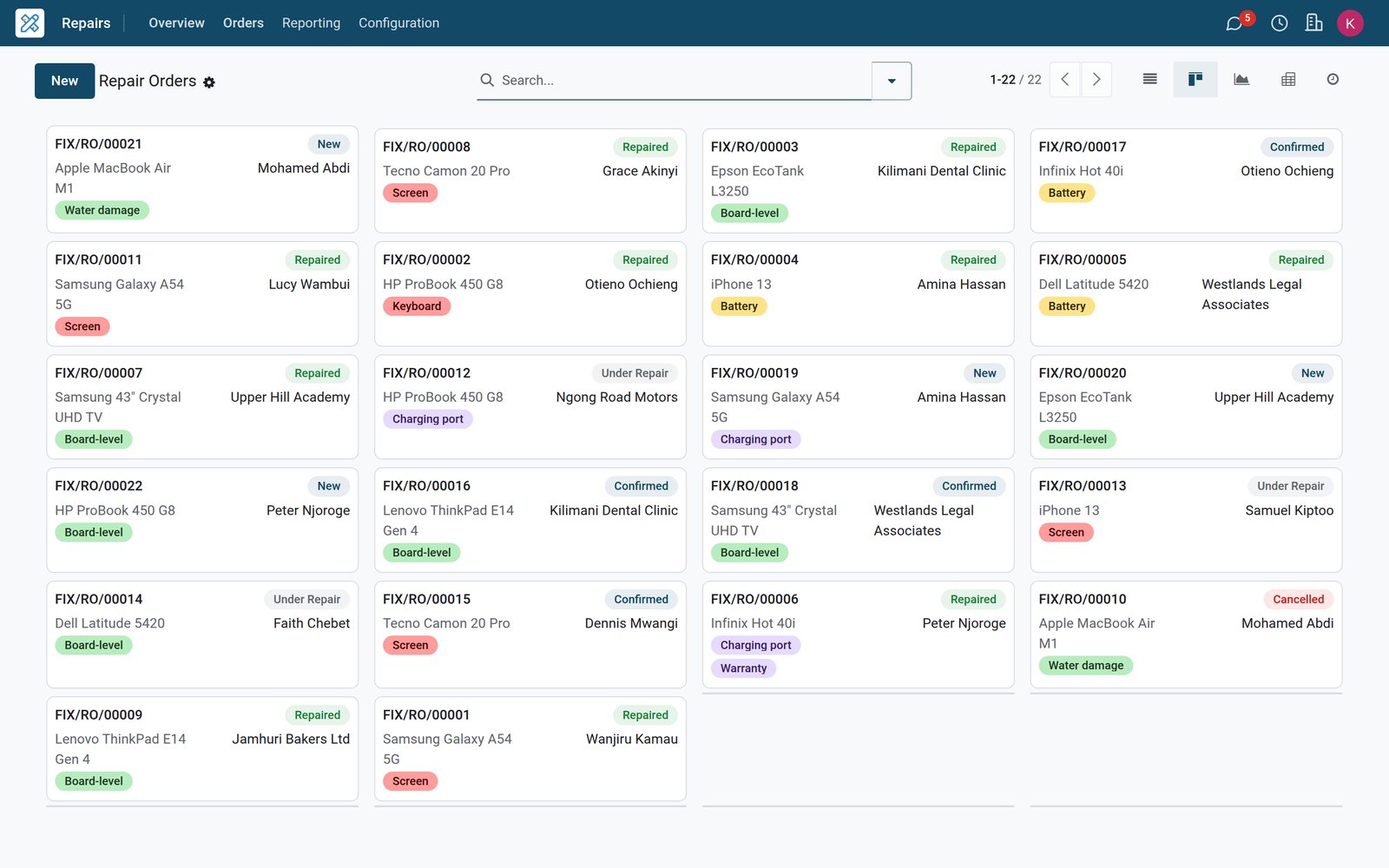 BridgeERP Repairs kanban board with repair order cards showing customer, device and status