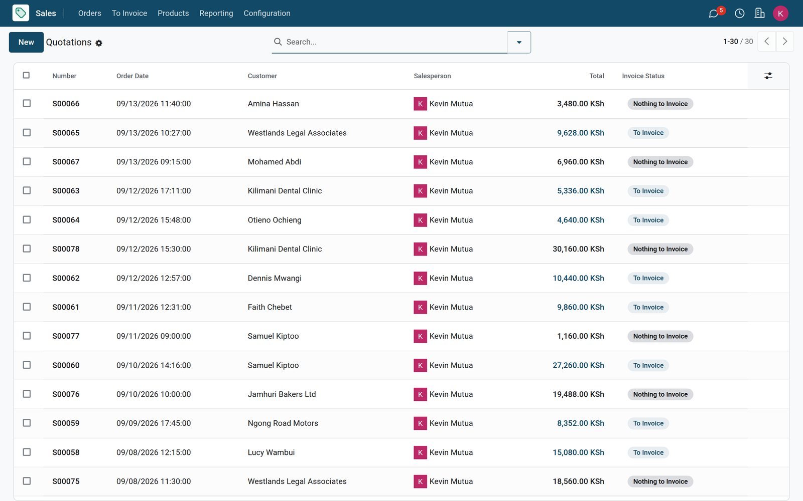BridgeERP Sales quotations list with customers, totals and status