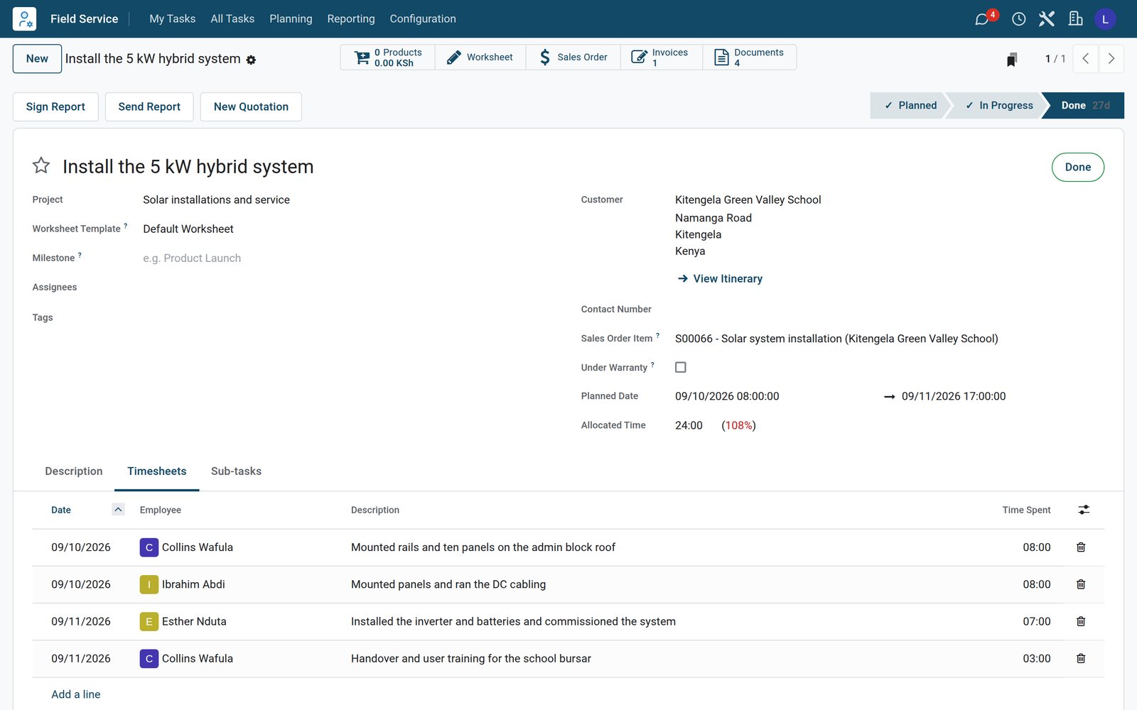 BridgeERP installation job with timesheets