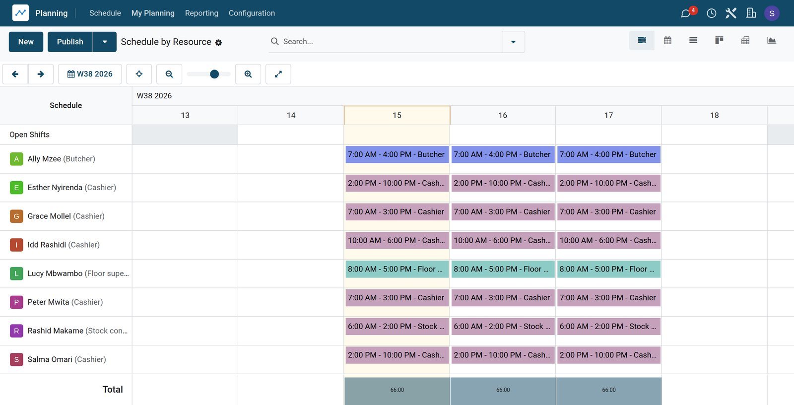 BridgeERP planning of supermarket shifts
