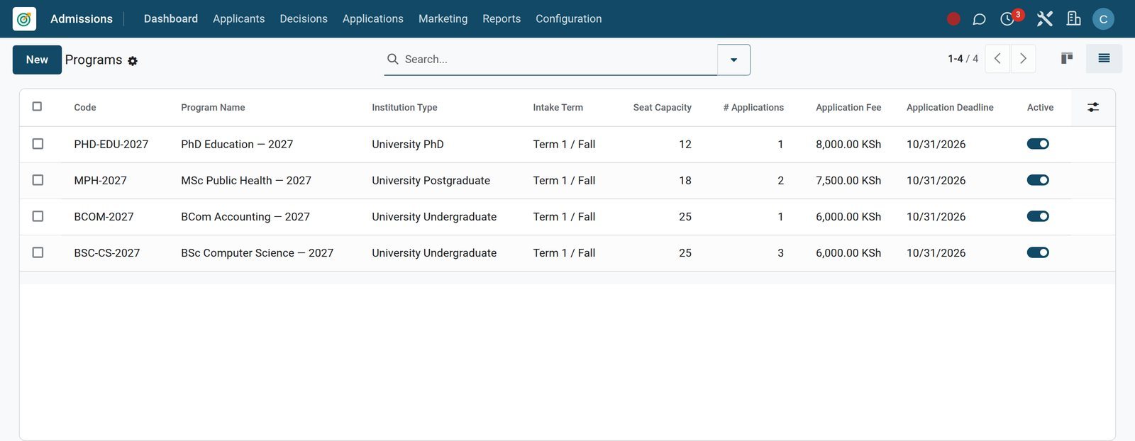 Admissions programmes list for the 2027 university intakes with capacity, fee and deadline