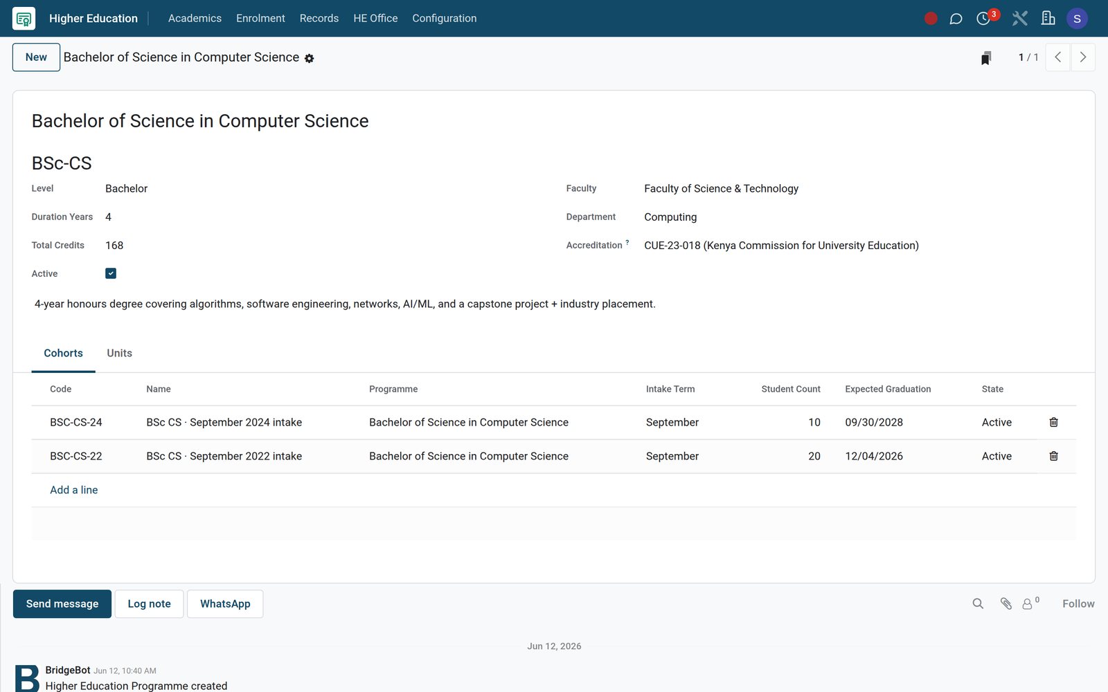 Bachelor of Science in Computer Science programme form with accreditation and cohorts
