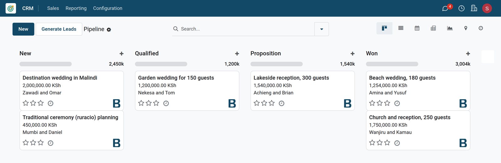 BridgeERP CRM pipeline of a wedding planner