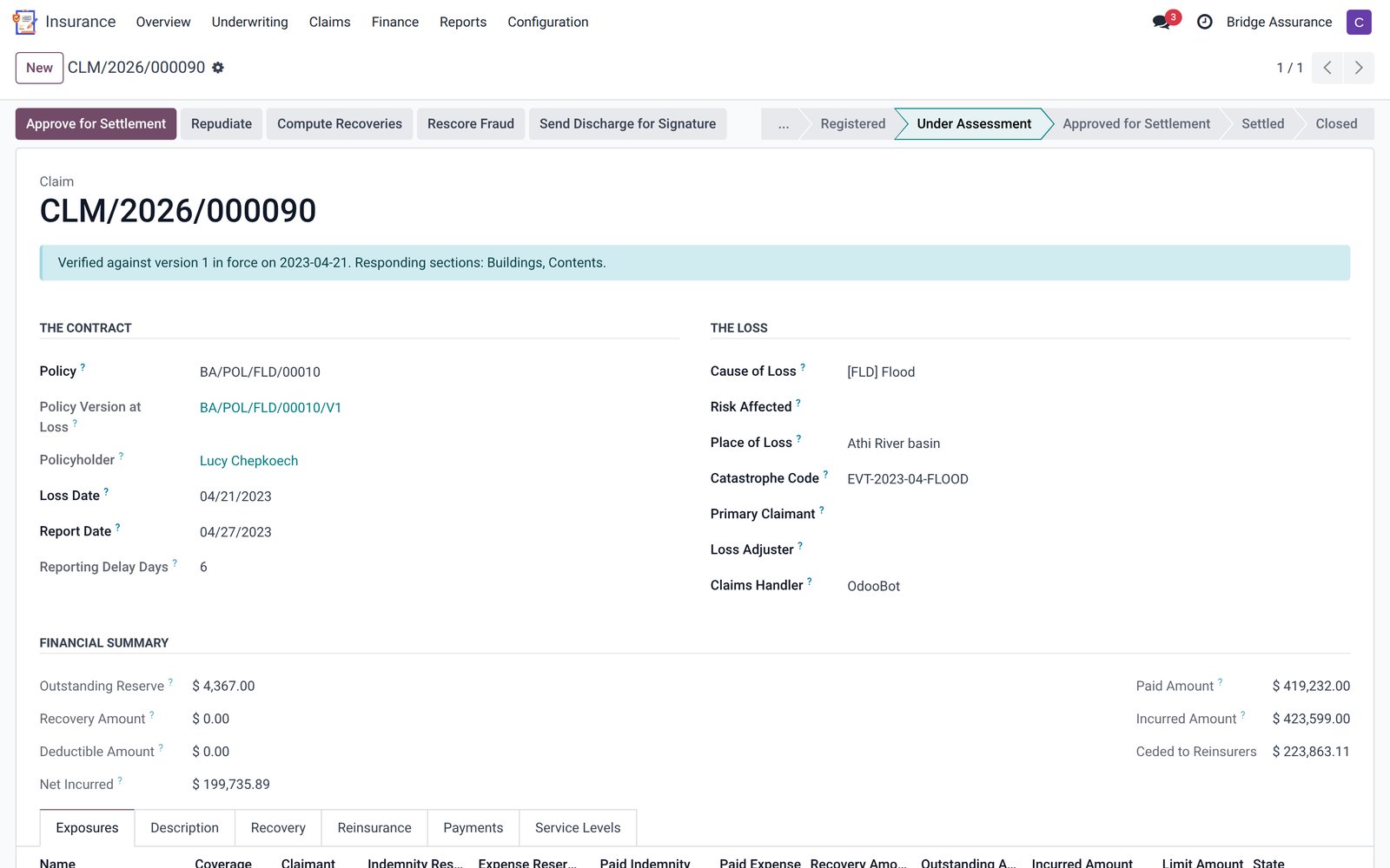 Claim under assessment in Bridge Insurance, verified against the policy