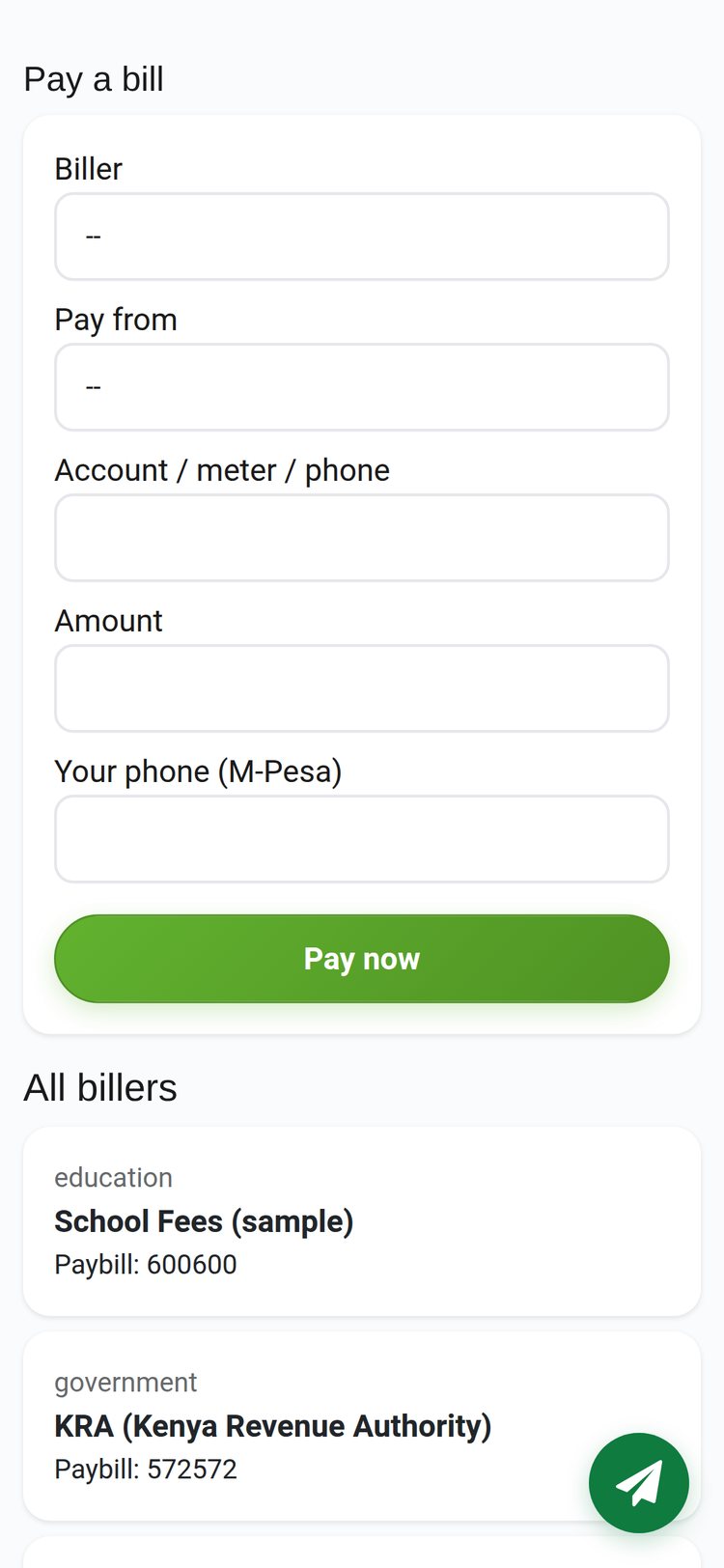 iBANK on a phone: pay a bill with M-Pesa, with the list of billers