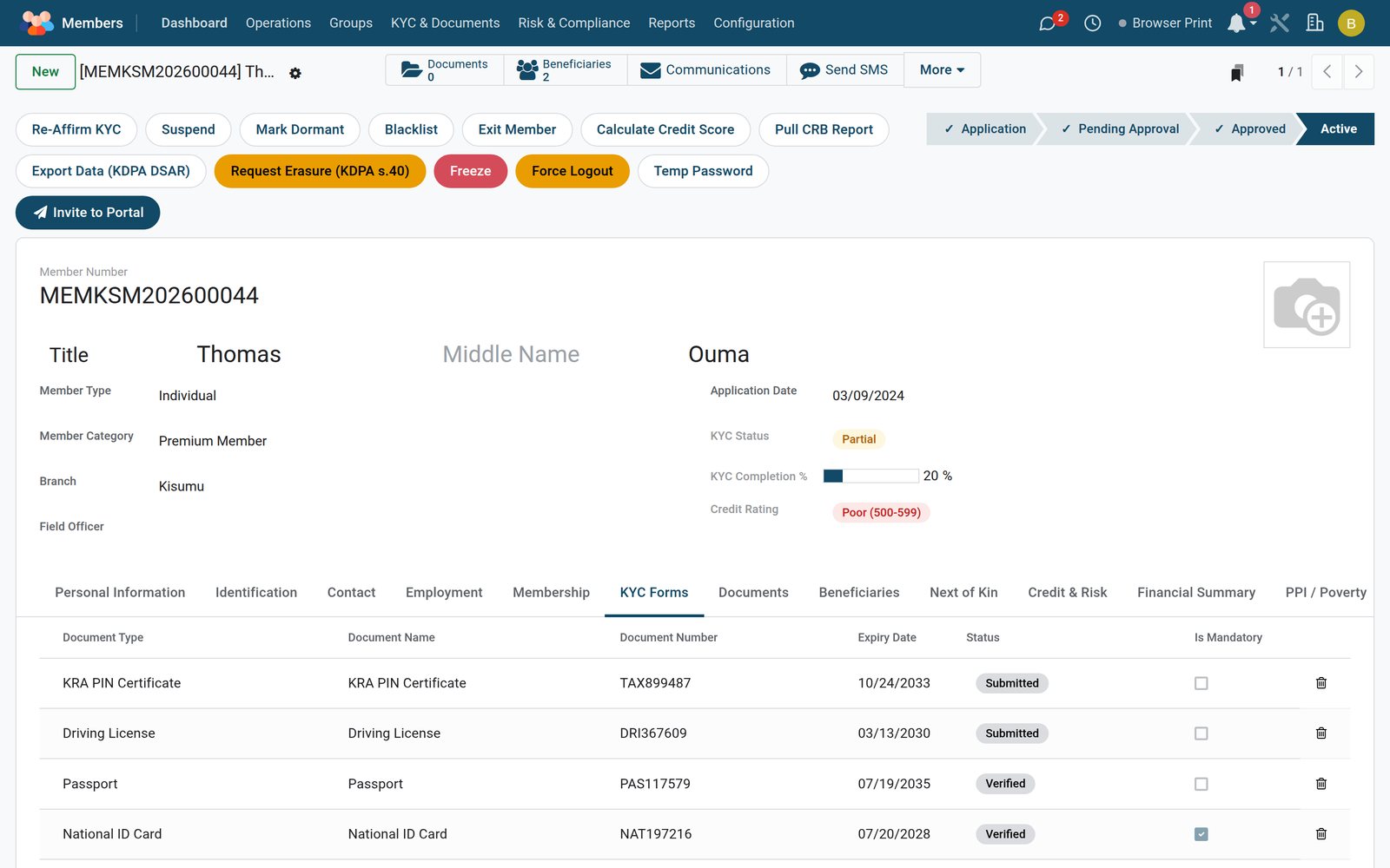Members — Member form, KYC tab