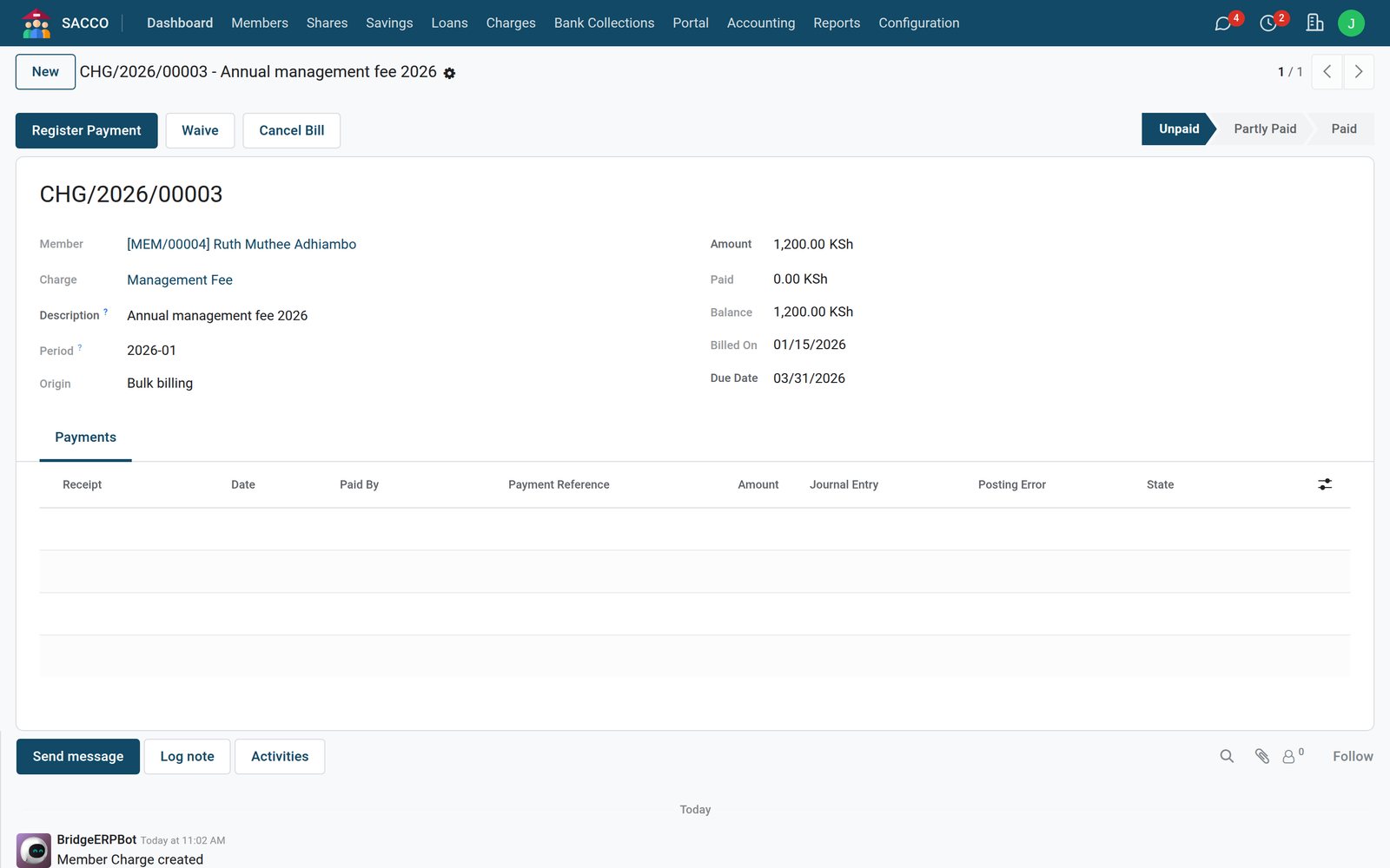 Member Charges: Each charge and its payments