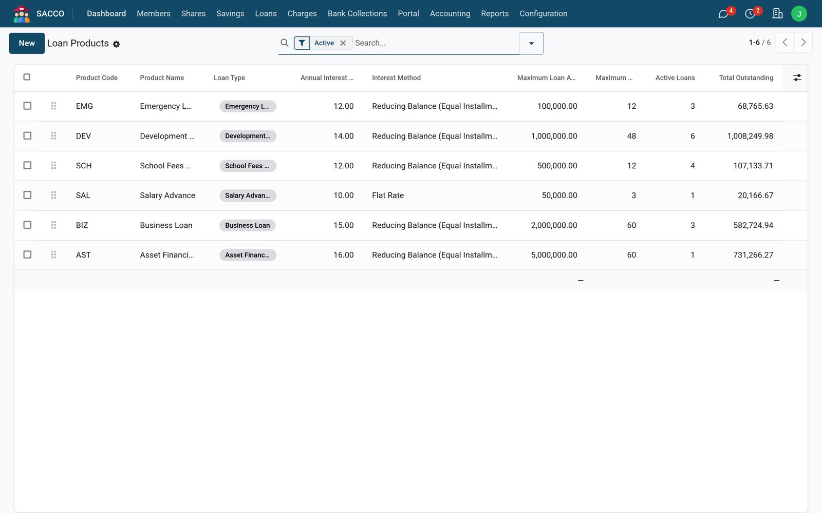 Loans screen