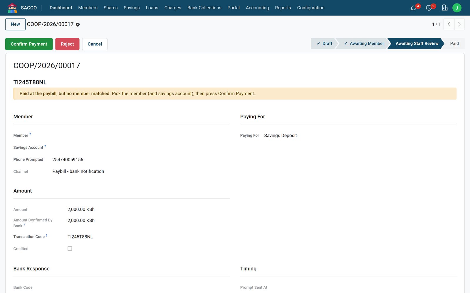 A paybill payment waiting for staff review because no member matched its account number