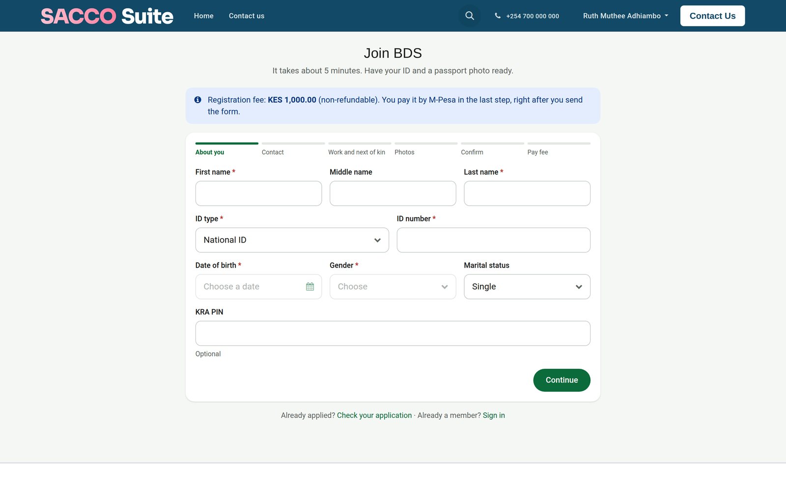 The online joining form on the SACCO website