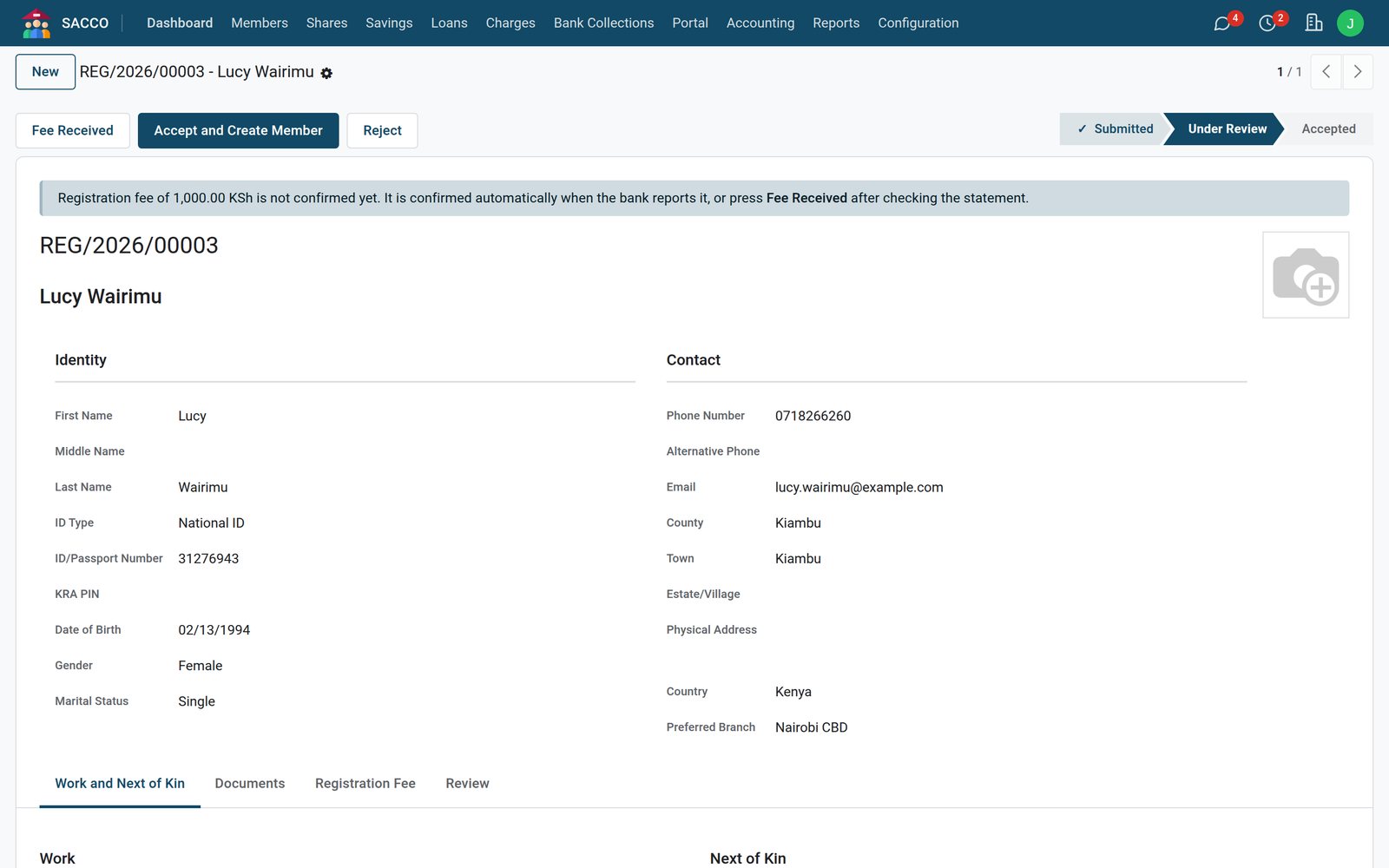 An online membership application under review, with the registration fee claimed by the applicant and waiting for the bank