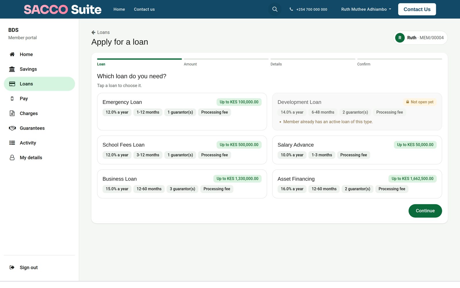 Applying for a loan on the portal, each product with the most the member can borrow
